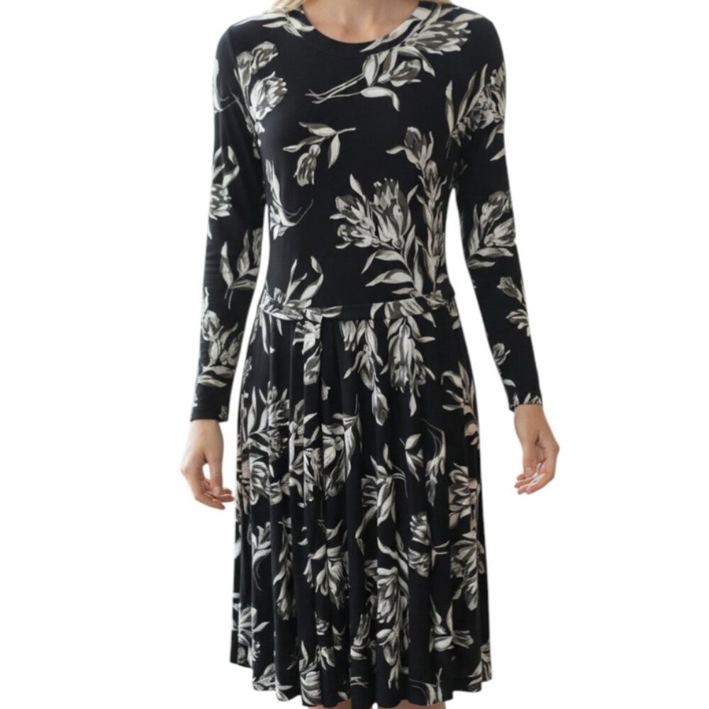 KAMALIKULTURE Women's Large Fit Flare Belted Long Sleeve Dress